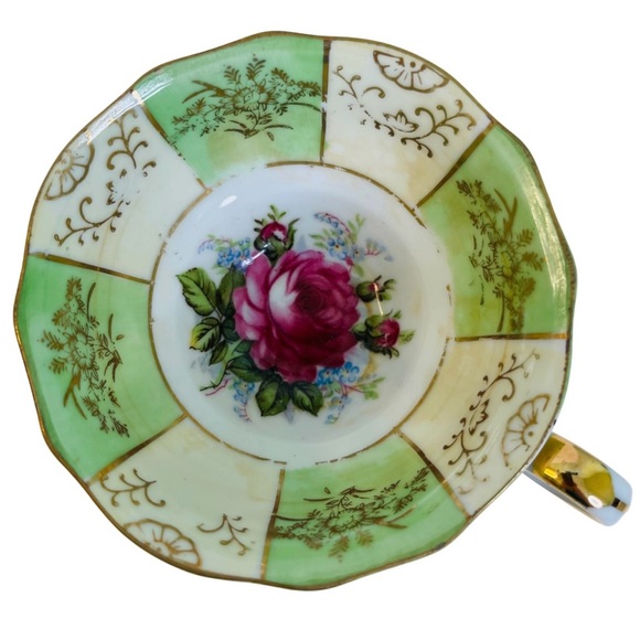 Teacup and Saucer Vintage Old Gold Japan Mint Green and Rose Floral Hand Painted - Picture 7 of 13